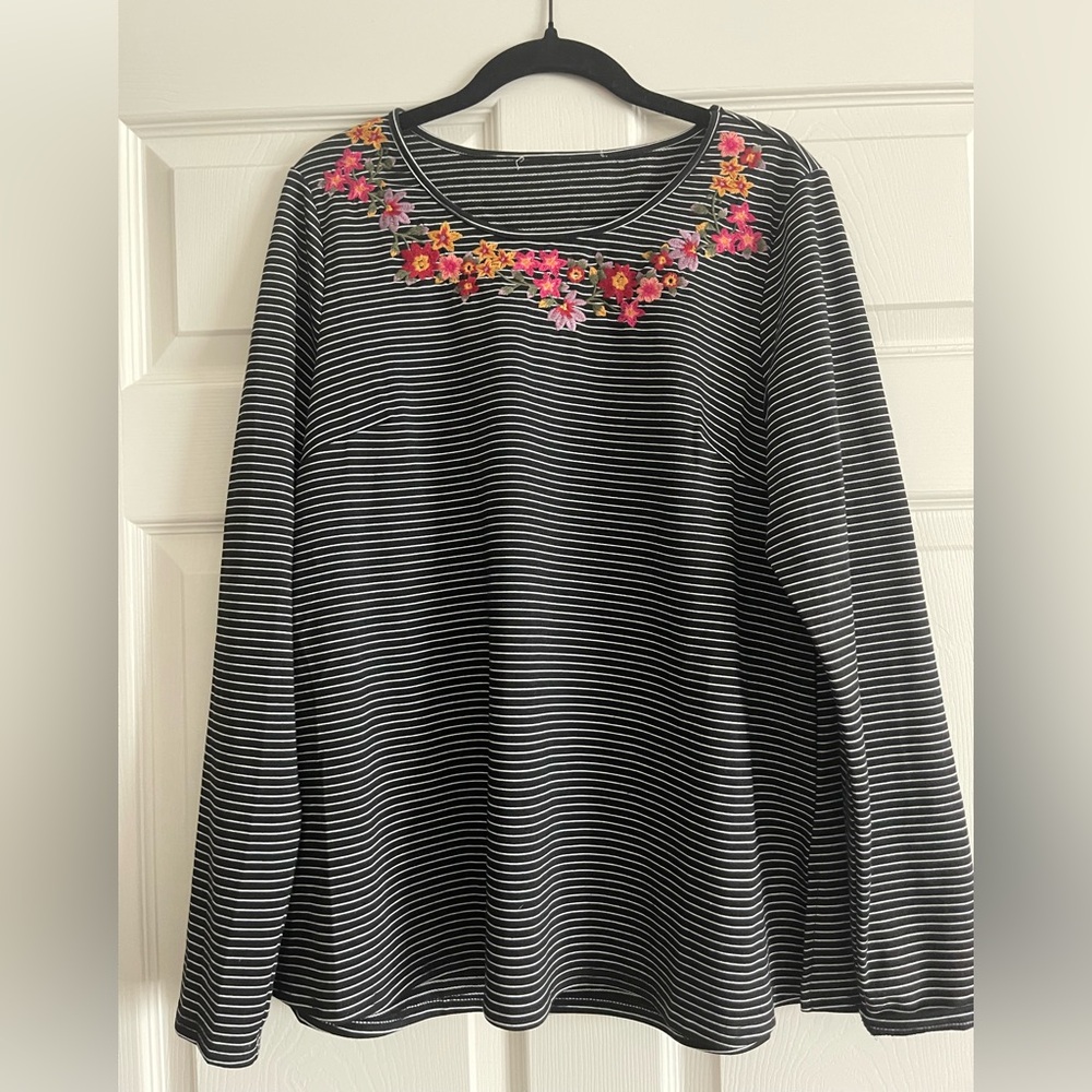 Floral Embroidered Black and White Striped Blouse